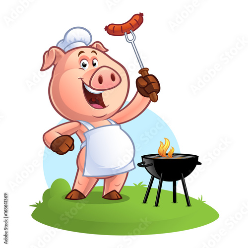 Pig chef holding a sausage on fork