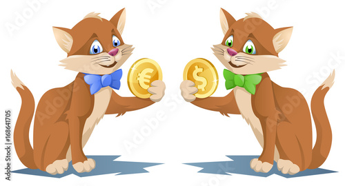 One cat holding dollar symbol and another cat holding euro symbol. Cartoon styled vector illustration. Elements is grouped. Isolated on white.