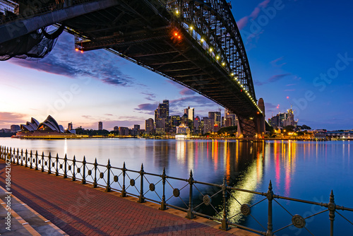 Sydney skyline and harbor bridge during sunrise, New South Wales Australia