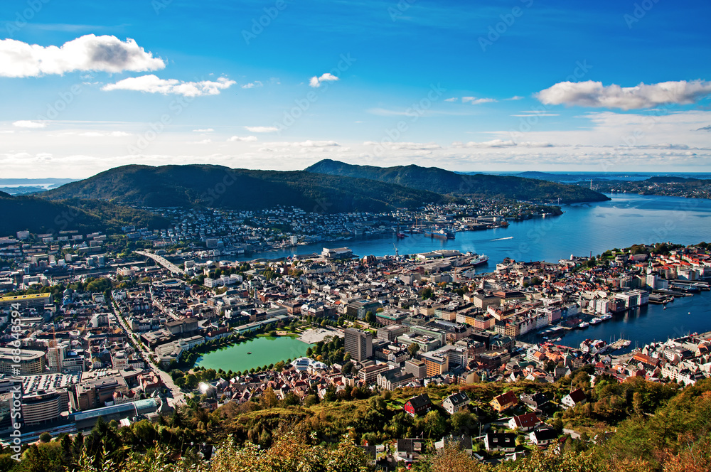 View of Bergen city from Mount Floyen, Floyen is one of the city mountains in Bergen, Hordaland, Norway, and one of the city’s most popular tourist attractions.