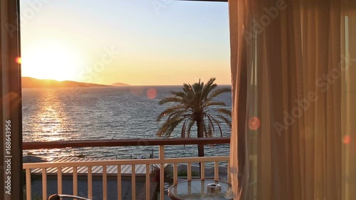 View of the sea and palm tree from a hotel room