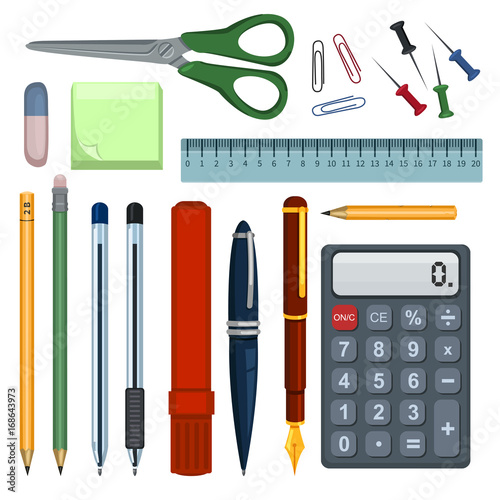 Vector Set of Flat Color Stationery Supplies for School and Business