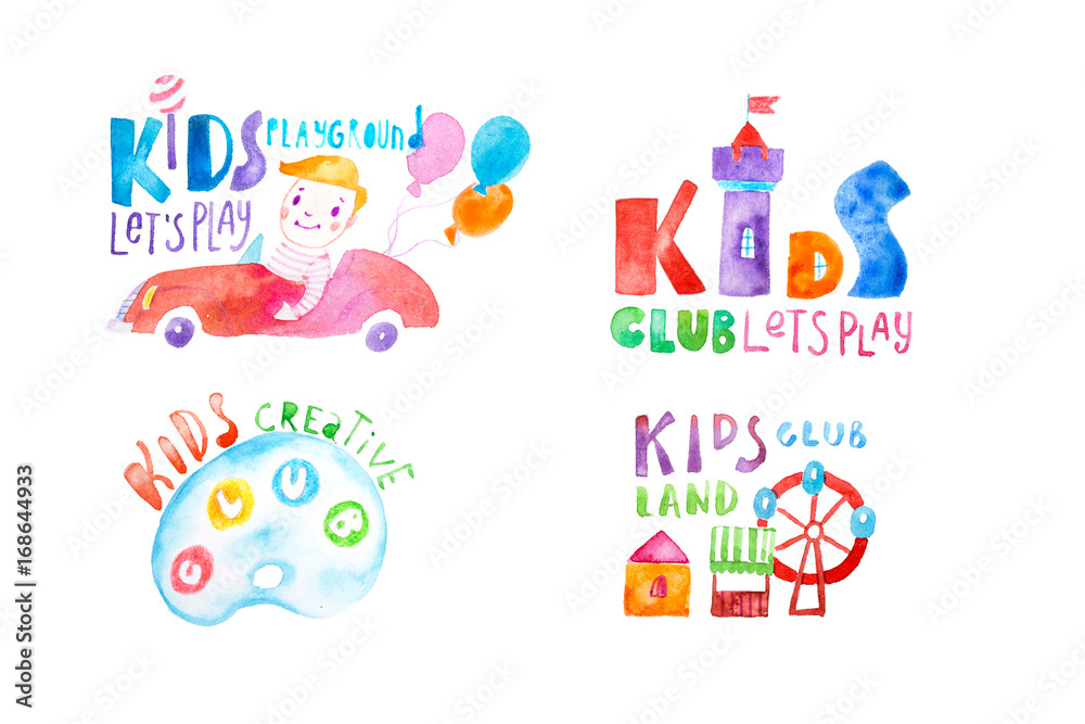 Kids club logo templates or promotional symbols set hand-drawn with watercolor on white paper