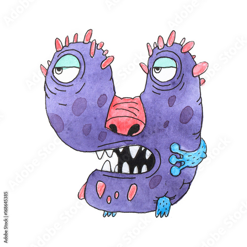 Funny watercolor cartoon English alphabet with monsters photo