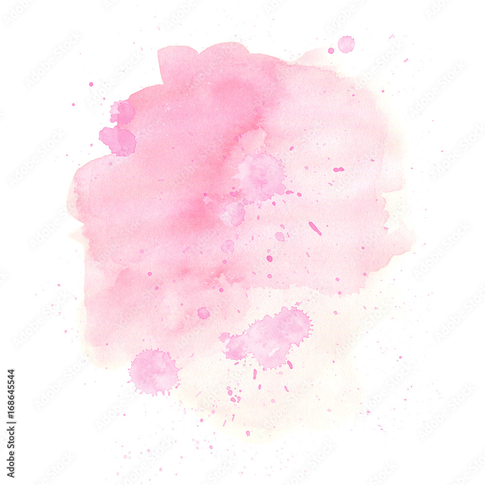 Abstract watercolor pink stain with paint splashes, hand drawn colorful pink beautiful illustration isolated on white background.