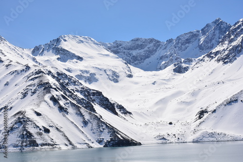 Landscape of mountain snow and lagoon in Santiago, Chile