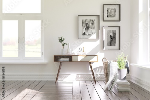 White modern room with shelf. Scandinavian interior design. 3D illustration © AntonSh