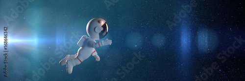 Fotografiet cute white cartoon astronaut flying in zero gravity space
