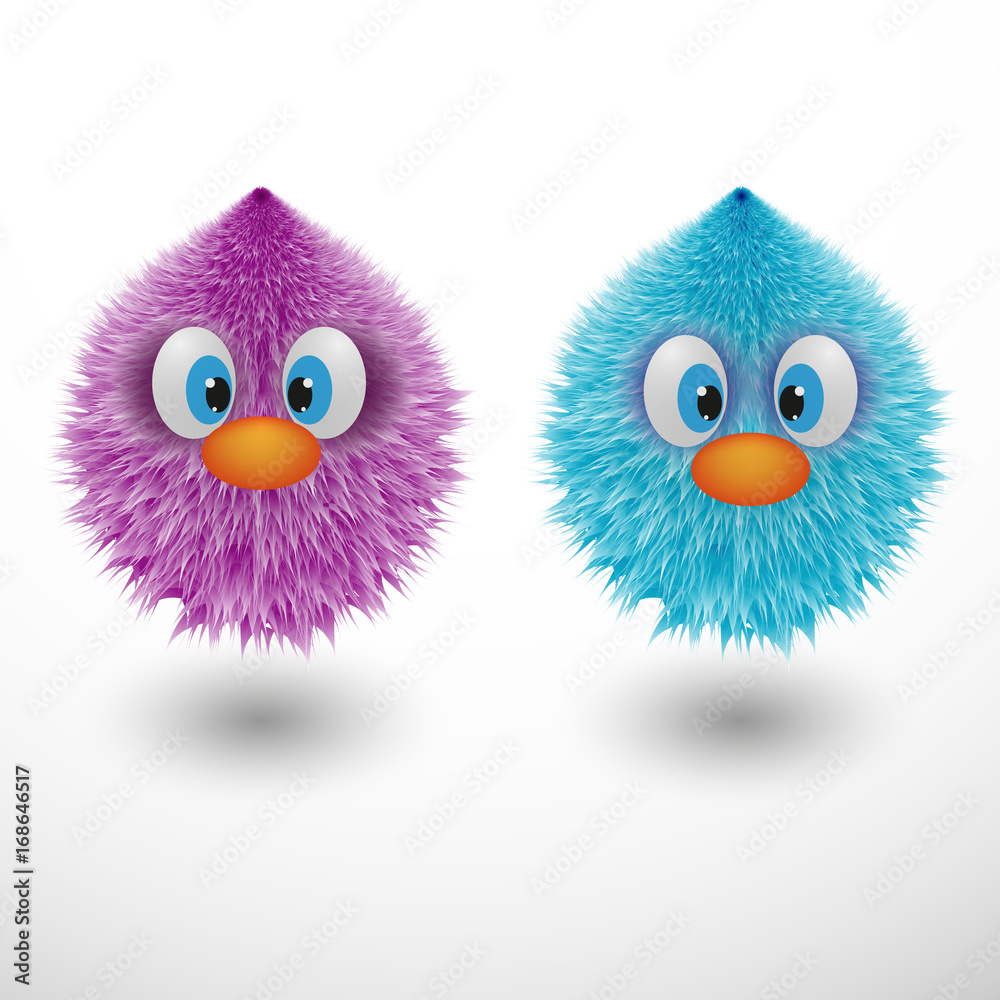 Fototapeta premium Funny cartoon colorful shaggy balls with eyes fluffy round fur characters vector illustration