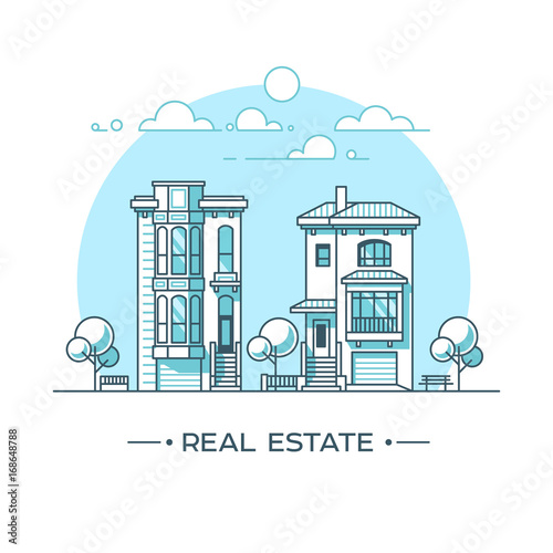 City landscape. Real estate and construction business concept with houses. Line style. Vector illustration.