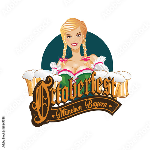 Pretty blond girl with beer, Oktoberfest logo design.