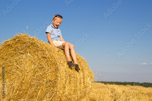 Happy boy sitting on a bale