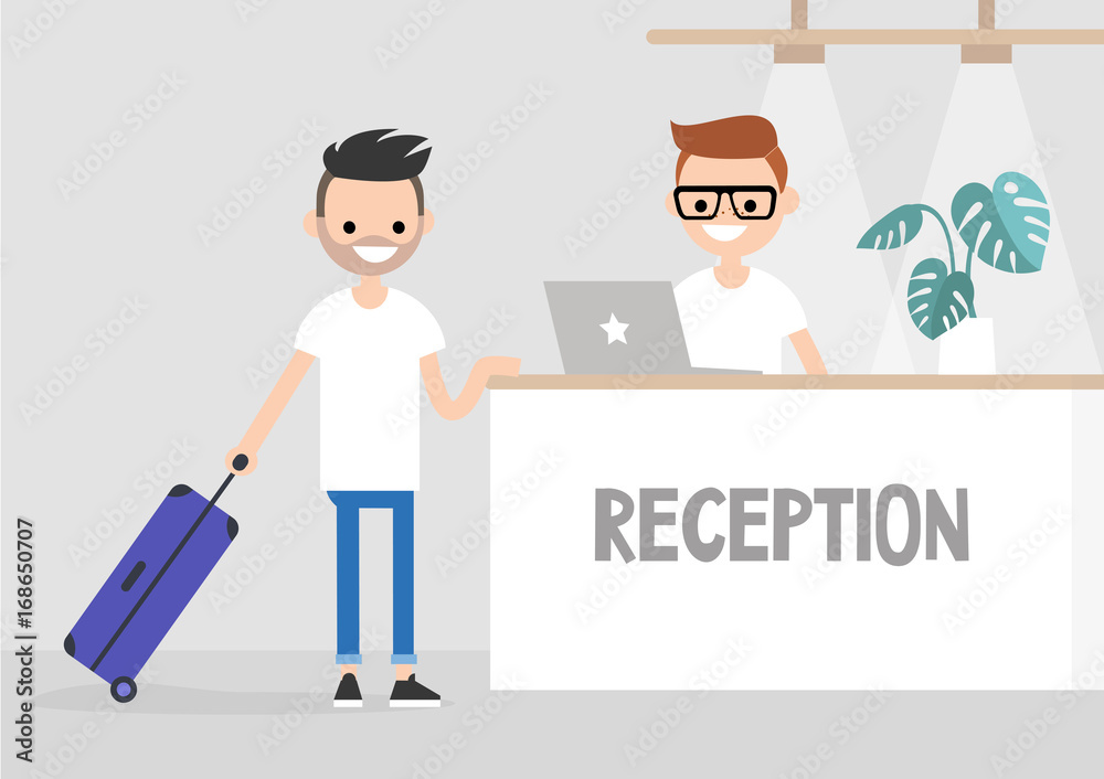 Check-in on a lobby counter in a hotel. Travel situation. Vacation. Flat editable vector illustration, clip art Check-in on a lobby counter in a hotel. Travel situation. Vacation. Flat editable vector illustration, clip art