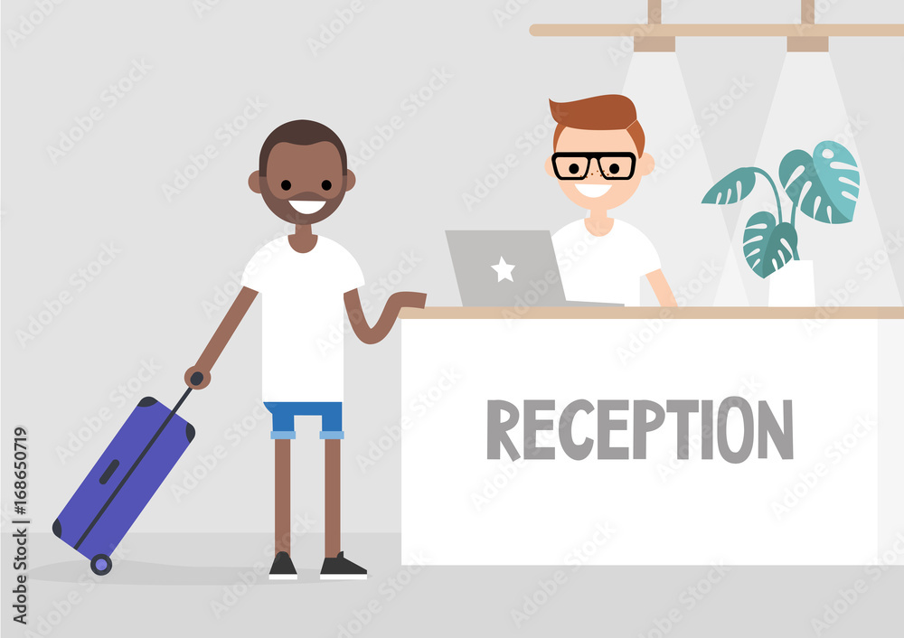 Check-in on a lobby counter in a hotel. Travel situation. Vacation. Flat editable vector illustration, clip art Check-in on a lobby counter in a hotel. Travel situation. Vacation. Flat editable vector illustration, clip art