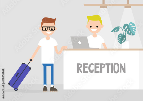 Check-in on a lobby counter in a hotel. Travel situation. Vacation. Flat editable vector illustration, clip art