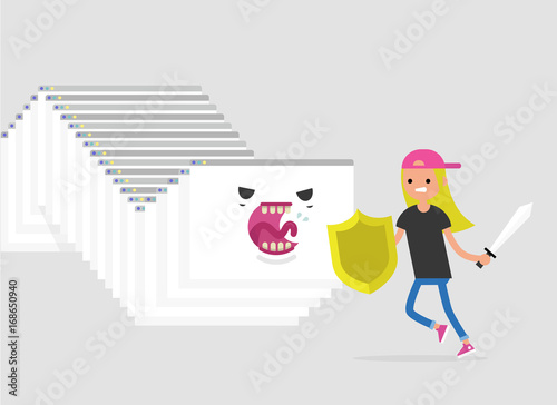 Internet monster. Hacker attack. Huge worm made of a cascade of browser windows attacking a character. Human vs computer / flat editable vector illustration, clip art