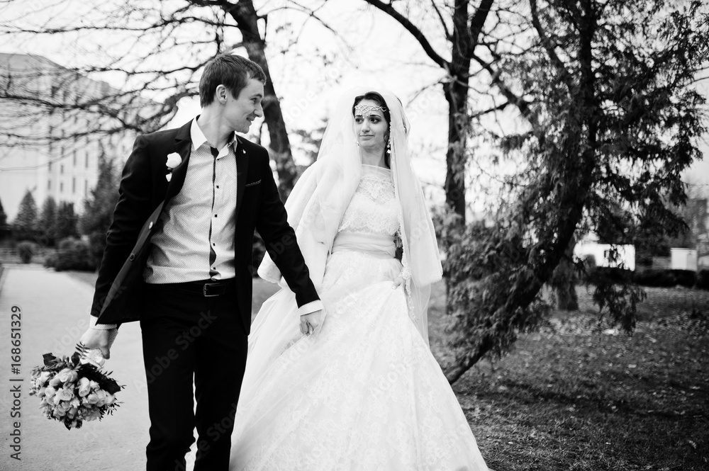 Newlyweds walking, enjoying each other's company and posing in the park on their wedding day. Black and white photo. Newlyweds walking, enjoying each other's company and posing in the park on their wedding day. Black and white photo.