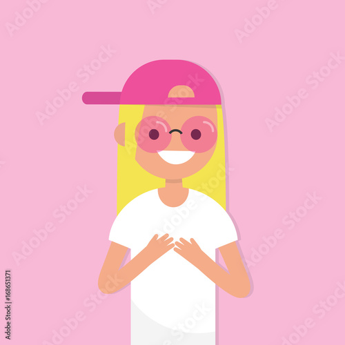 Looking through pink coloured glasses. Conceptual illustration. Young female character wearing pink sunglasses. Flat editable vector illustration, clip art