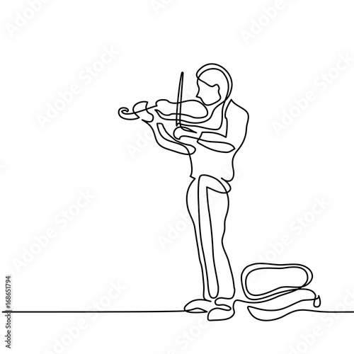 Street musician man playing the violin. Continuous line black and white drawing. Lineart vector illustration
