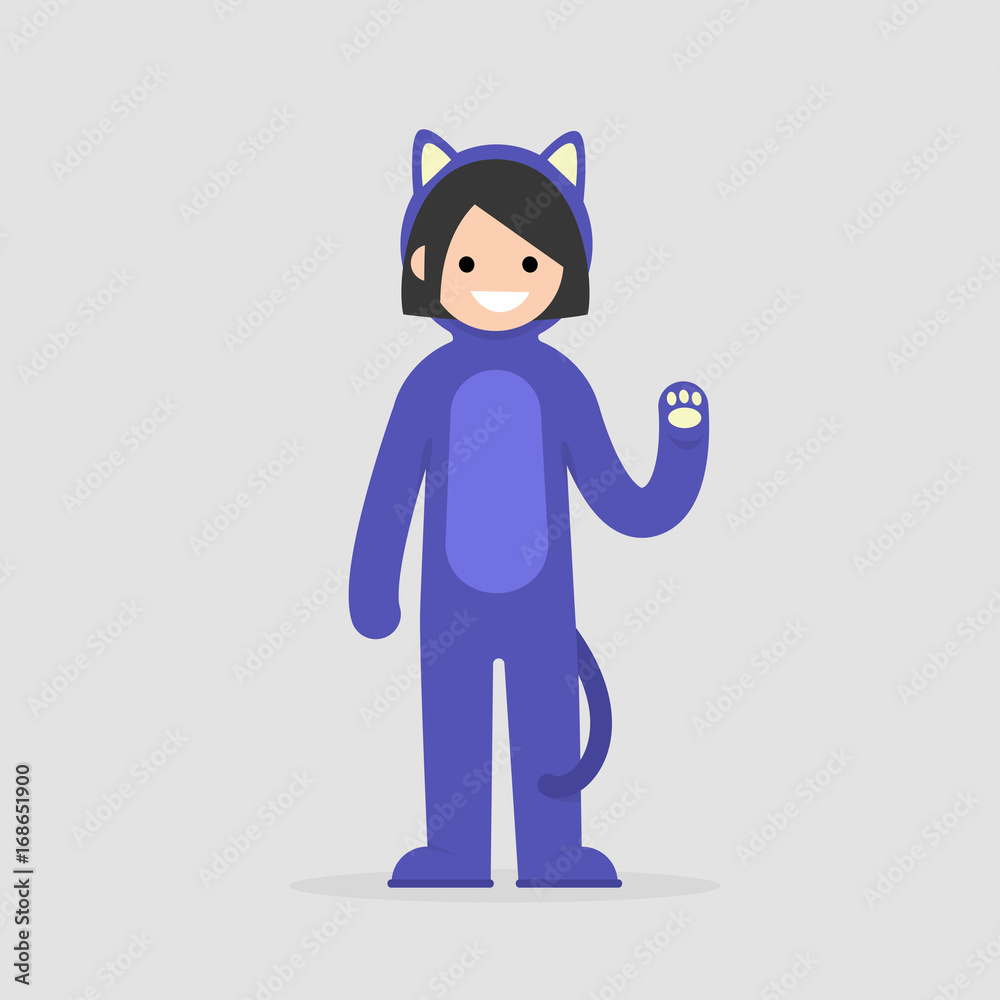 Young female character wearing a cat costume. Funny cosplay outfit. Flat editable vector illustration, clip art