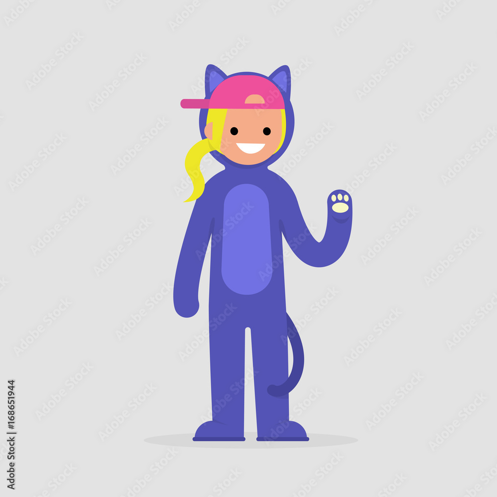 Young female character wearing a cat costume. Funny cosplay outfit. Flat editable vector illustration, clip art