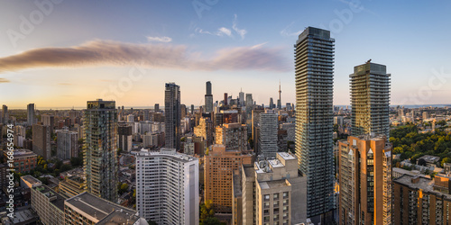 Panoramic View of Toronto City Downtown Skyline at Golden Hour 