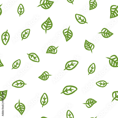 Leaves painted with brush. Seamless pattern. Green plant elements scattered on white background. Sketch, ink, watercolor, graffiti.