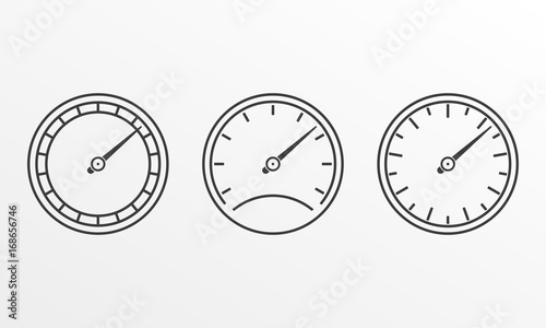 Speedometer and meter icon set in line style. Dashboard outline signs. Vector illustration.