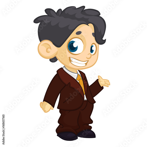 Vector illustration of small boy in man's clothes. Cartoon of a young boy dressed up in a mans business suit presenting