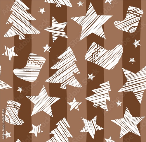 Christmas background, sock, star, tree, seamless, brown, vector. White Christmas trees, socks and stars are drawn with a diagonal bar on a brown striped background. 