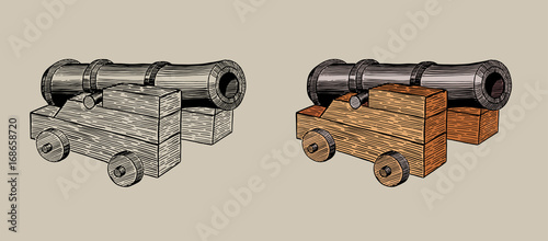 old cannon on a carriage, hand drawn illustration