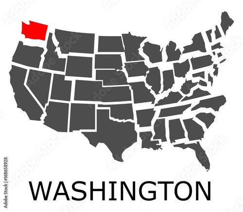 Bordering map of USA with State of Washington marked with red color.