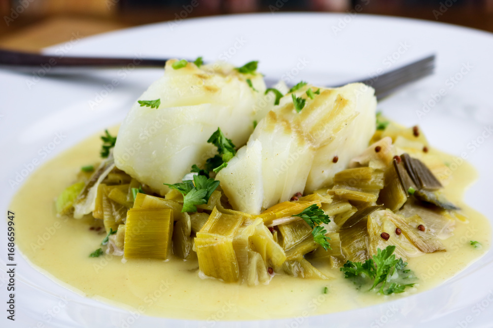 Skillet braised cod with mustard and leeks Skillet braised cod with mustard and leeks