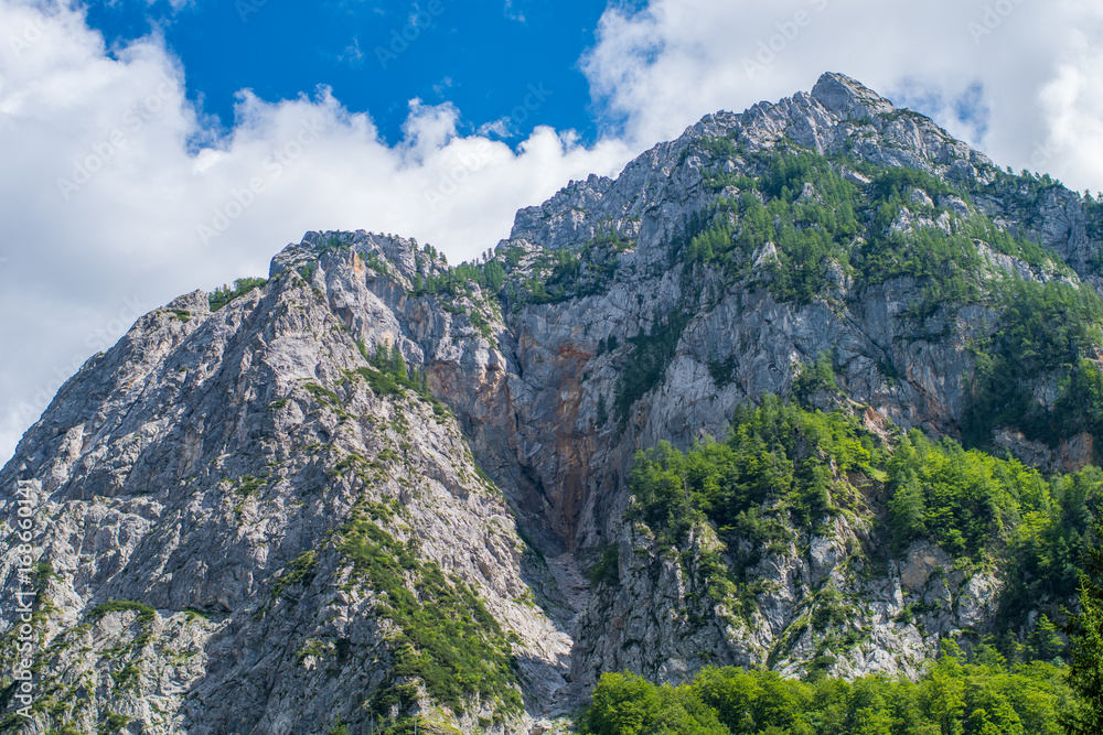 A beutiful landscape in the mountains, clouds above peaks and forest in foreground