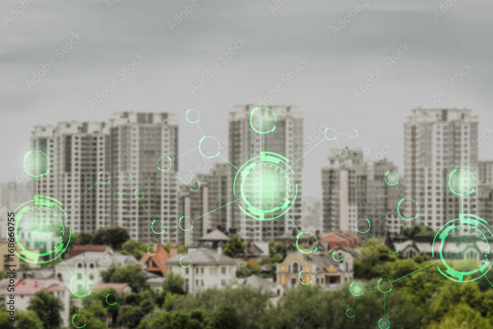 Naklejka premium Green park and cityscape