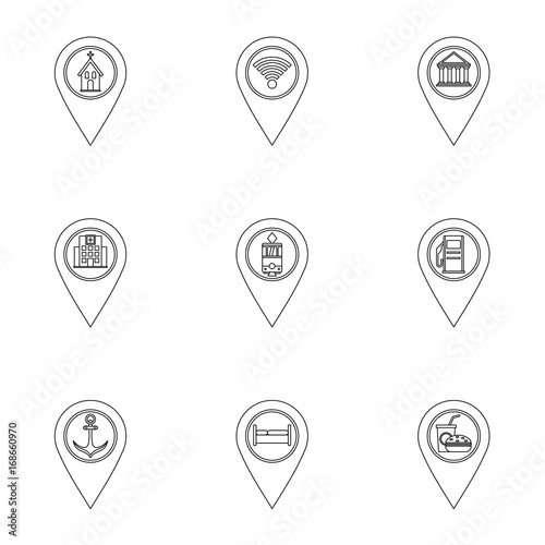 Travel pins icon set, outline style