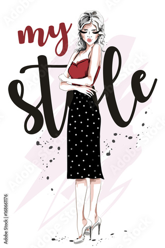 Beautiful young woman in fashion clothes. Hand drawn blonde hair fashion woman. Sketch. Vector illustration.