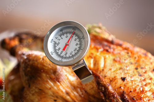 Golden roasted turkey with meat thermometer, close up
