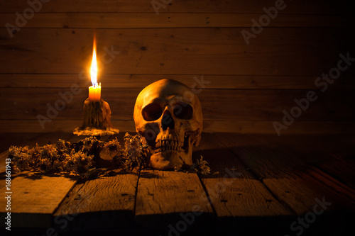 Schilderij op canvas Skull and light candle with candlestick and dried flowers on brown wooden plate