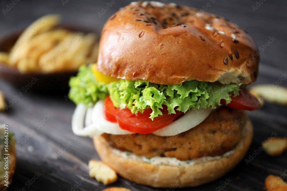 Tasty turkey burger on table Tasty turkey burger on table