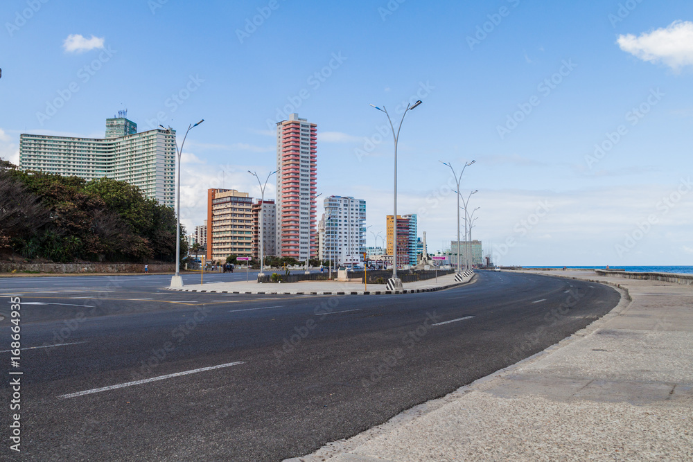Famous seaside drive Malecon in Havana, Cuba. Vedado neighborhood.
