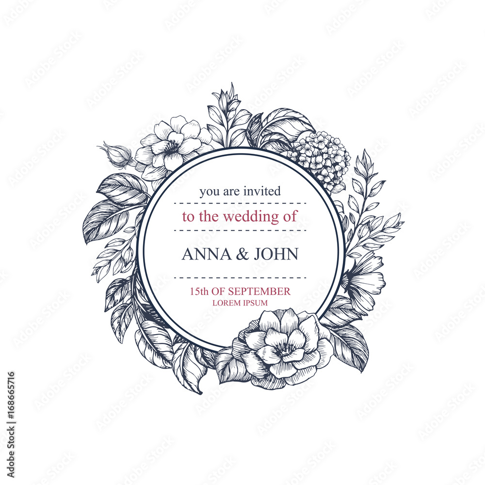 Hand drawn flower round frame. Vector floral wedding design in sketch ...