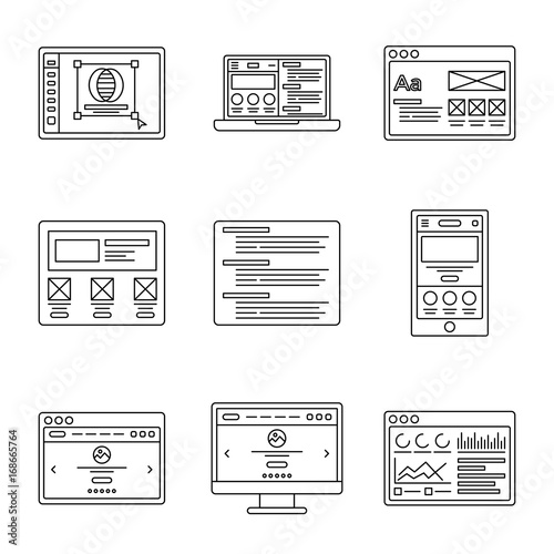 Web development and wireframes line icons set. Collection of outline illustrations for website or logo design template