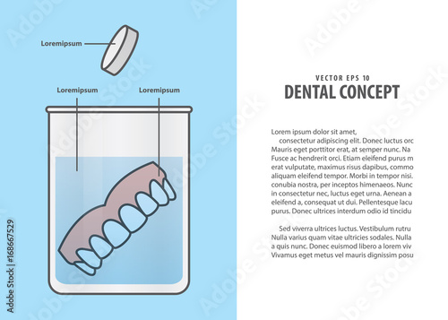 Layout Cleaning the denture cartoon style for info or book illustration vector on blue background. Dental concept.