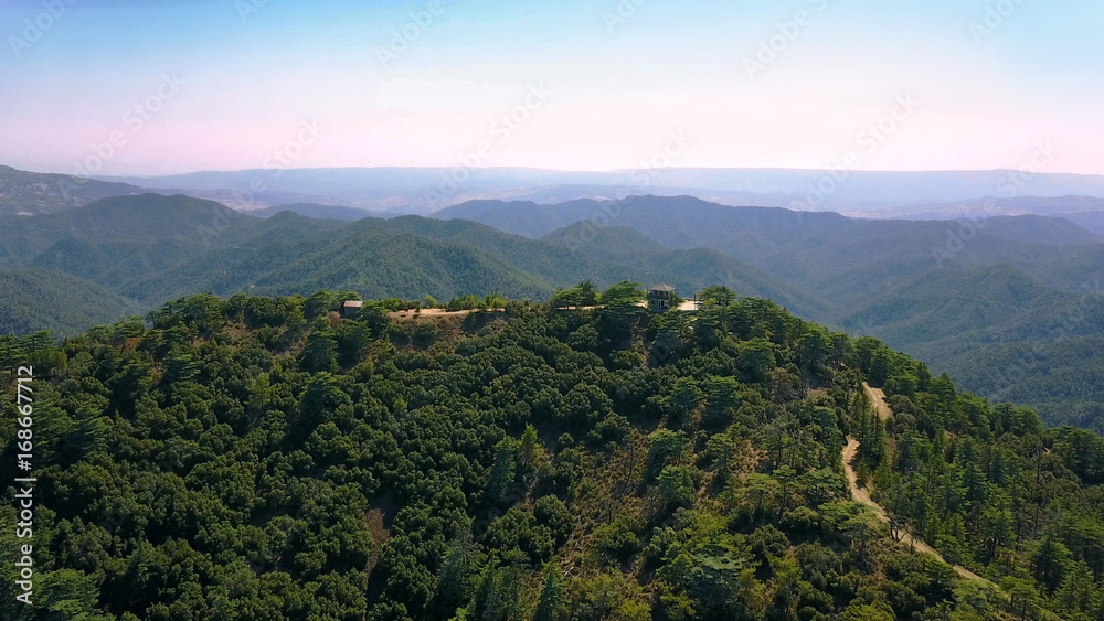  Mountain landscape. Island of cyprus Cedar Valley. The flight is high in the sky Fire station. A house in the forest for the foresters. Forestry