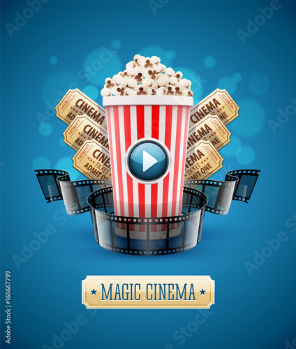 Online cinema art movie watching with popcorn and film-strip