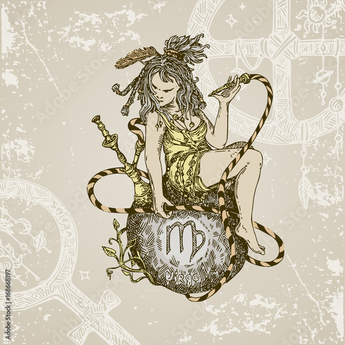 Vintage sign of zodiac. Virgo. Color. Vector illustration.