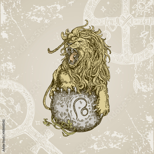 Vintage sign of zodiac. Leo. Color. Vector illustration.