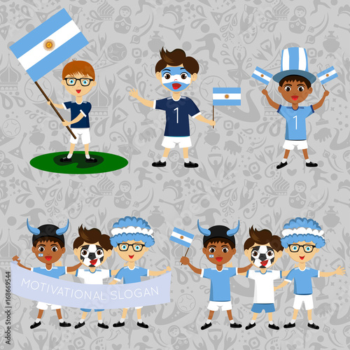 Set of boys with national flags of Argentina. Blanks for the day of the flag, independence, nation day and other public holidays. The guys in sports form with the attributes of the football team