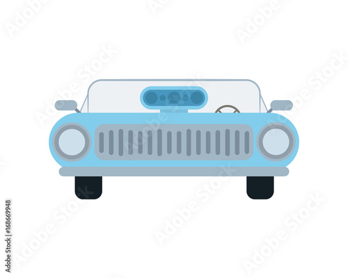 Front side of blue flat retro car with supercharger